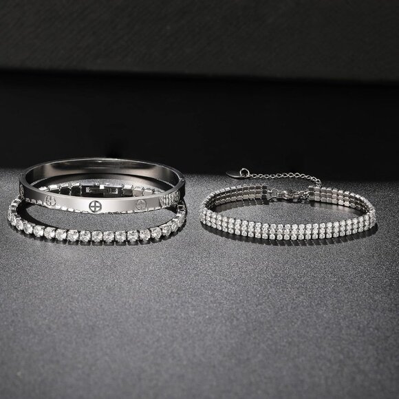 18K Gold Plated CZ Love Bangle Bracelet Set - Hypoallergenic & Adjustable - Picture 4 of 6